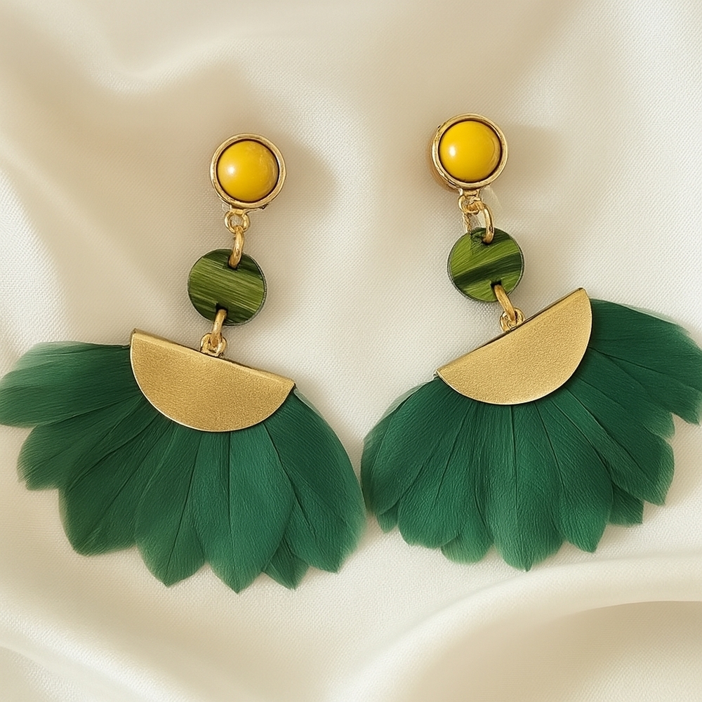 Twinkle Statement Earrings – Yellow Cabochon, Green Beads & Gold Fan Feathers